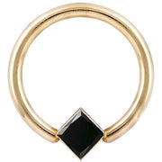 14K yellow gold fixed bead ring with bezel-set black diamond princess cut stone, front view