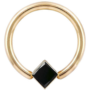 14K yellow gold fixed bead ring with bezel-set black diamond princess cut stone, front view