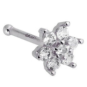 14K white gold CZ flower nose bone with all-clear CZ stones, front view on white background
