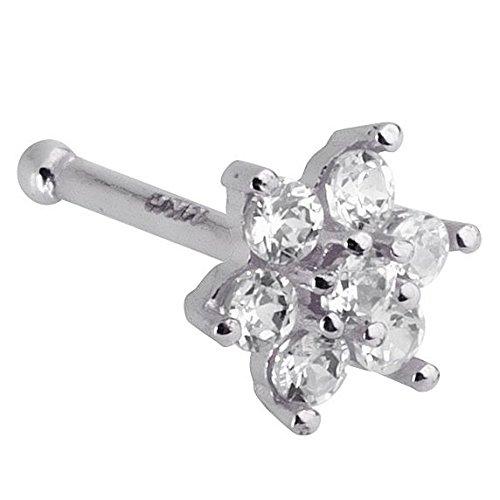 14K white gold CZ flower nose bone with all-clear CZ stones, front view on white background
