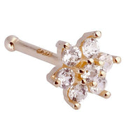 14K yellow gold flower nose bone with all-clear CZ stones, front view on white background