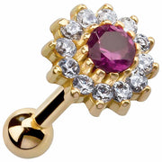 14K yellow gold flower cartilage earring with ruby CZ center and clear CZ halo, angled front view