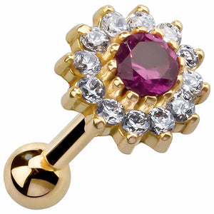 14K yellow gold flower cartilage earring with ruby CZ center and clear CZ halo, angled front view
