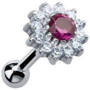 14K white gold flower cartilage earring with ruby CZ center surrounded by clear CZ stones, front view