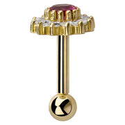Side profile of 14K yellow gold flower cartilage barbell showing post length and scalloped setting edge
