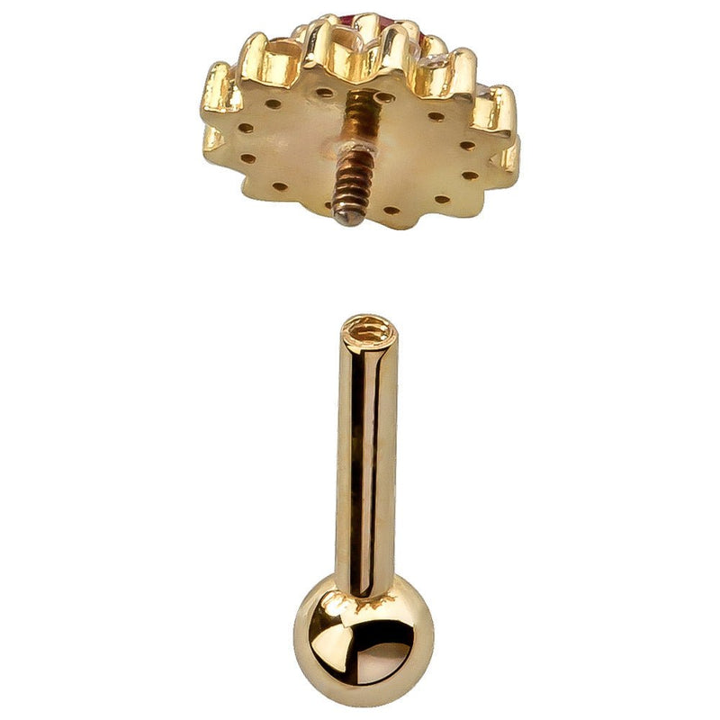 Reverse view of 14K yellow gold flower cartilage earring showing threaded post and ball backing separated
