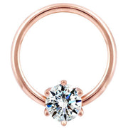 14K rose gold fixed bead ring with round diamond in six-prong setting, front view