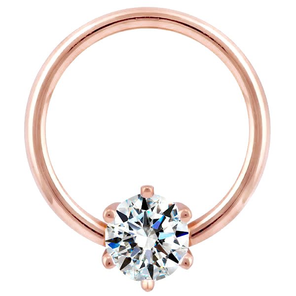 14K rose gold fixed bead ring with round diamond in six-prong setting, front view