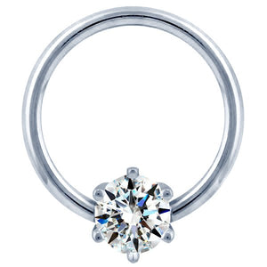 14K white gold diamond fixed bead ring with six-prong round diamond, front view