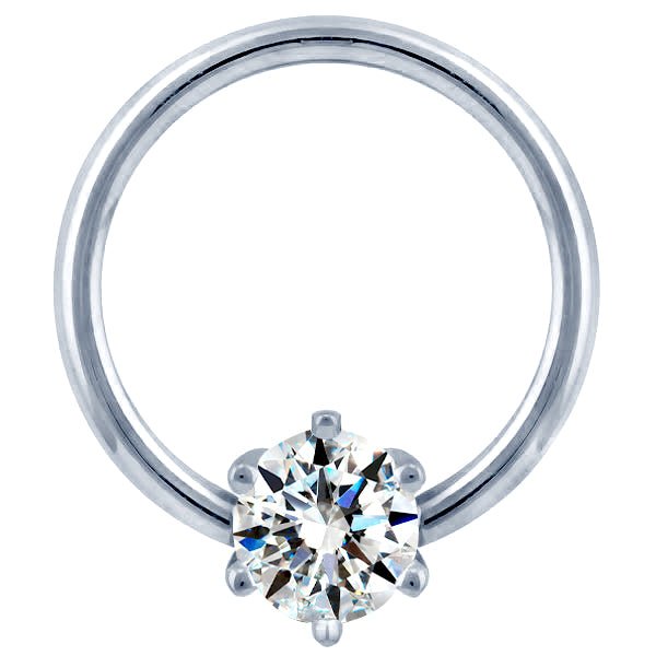 14K white gold diamond fixed bead ring with six-prong round diamond, front view