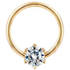14K yellow gold fixed bead ring with round diamond in six-prong setting, front view
