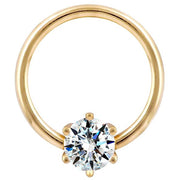 14K yellow gold fixed bead ring with round diamond in six-prong setting, front view