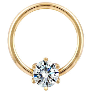 14K yellow gold fixed bead ring with round diamond in six-prong setting, front view