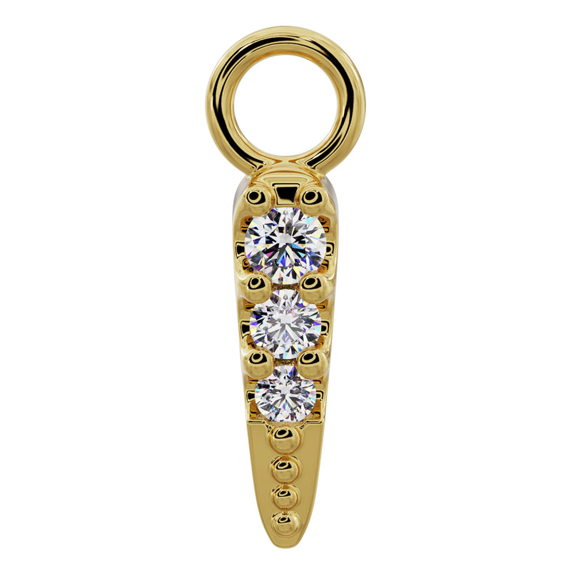 14k yellow gold diamond spike piercing charm with three round diamonds and beaded texture, front view