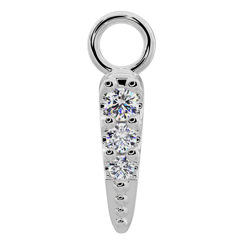 950 platinum diamond spike piercing charm with three round diamonds and beaded detailing, front view