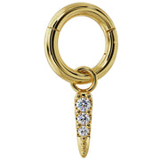 14k yellow gold diamond spike charm dangling from a gold clicker ring, full assembly view