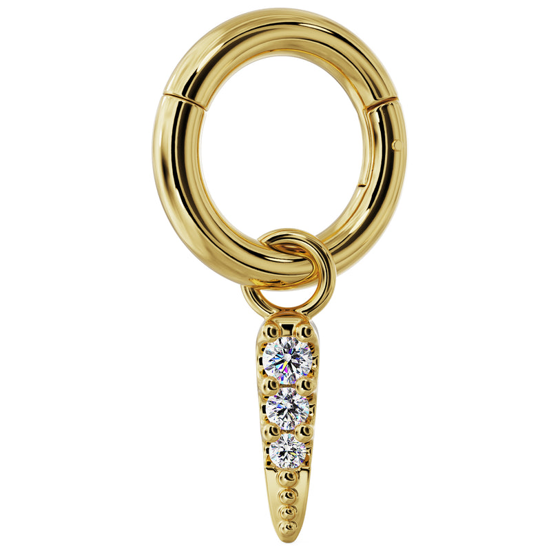 14k yellow gold diamond spike charm dangling from a gold clicker ring, full assembly view