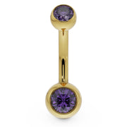 14k yellow gold double CZ belly button ring with purple bezel-set stones, front view