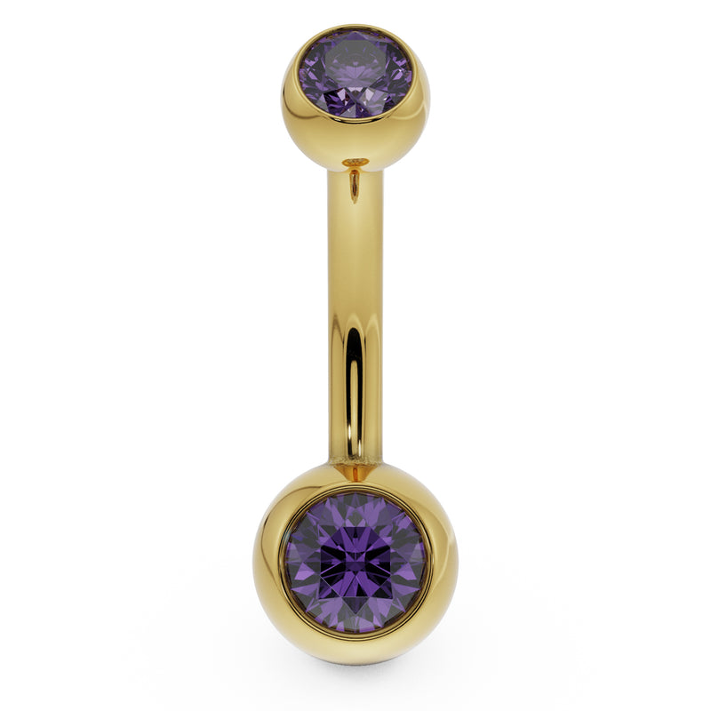 14k yellow gold double CZ belly button ring with purple bezel-set stones, front view