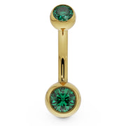 14k yellow gold double CZ belly ring with green bezel-set stones, front view