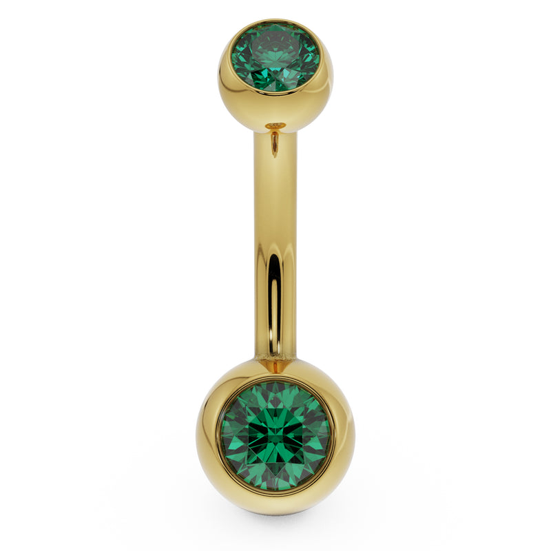 14k yellow gold double CZ belly ring with green bezel-set stones, front view