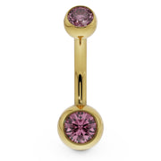 14k yellow gold double CZ belly button ring with pink bezel-set stones, front view