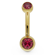14k yellow gold double CZ belly ring with red bezel-set stones, front view