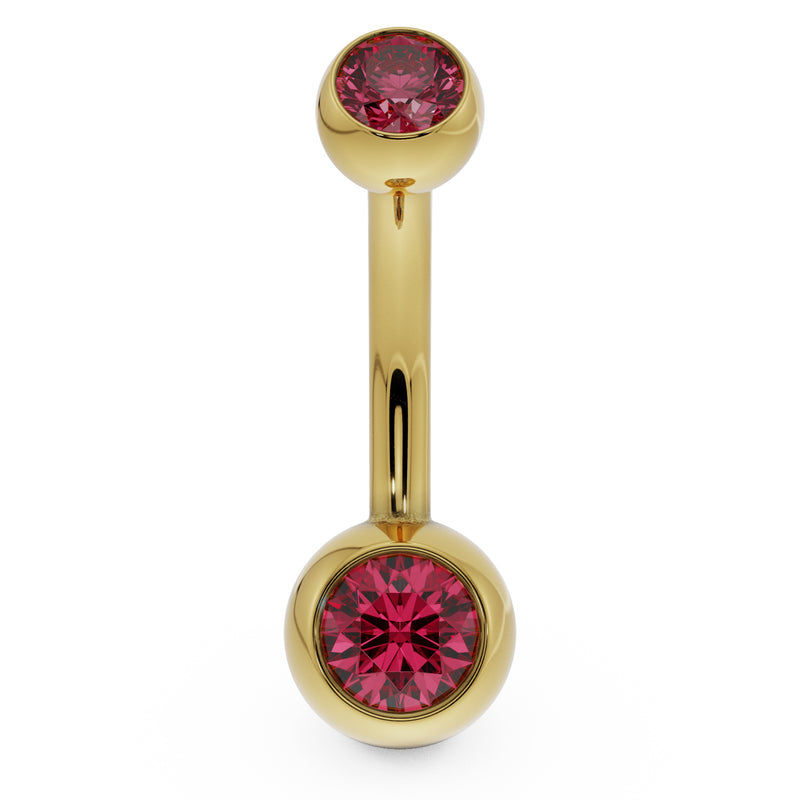 14k yellow gold double CZ belly ring with red bezel-set stones, front view