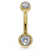 14k yellow gold double CZ belly ring with clear bezel-set stones, front view
