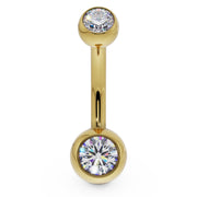 14k yellow gold double CZ belly ring with clear bezel-set stones, front view