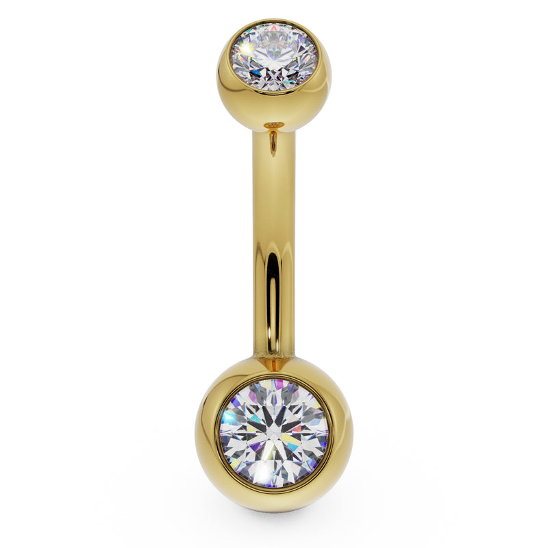 14k yellow gold double CZ belly ring with clear bezel-set stones, front view