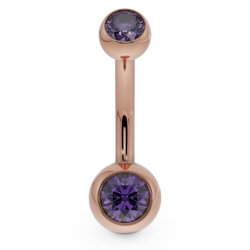 14k rose gold double CZ belly ring with purple bezel-set stones, front view