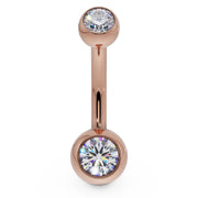 14k rose gold double clear CZ belly button ring with bezel settings, front view