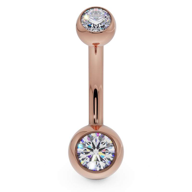 14k rose gold double clear CZ belly button ring with bezel settings, front view