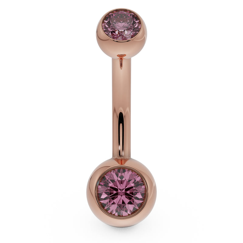 14k rose gold double CZ belly ring with pink bezel-set stones, front view