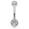 14k white gold double diamond belly ring with bezel-set stones, straight-on front view
