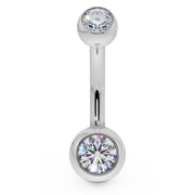 14k white gold double diamond belly ring with bezel-set stones, straight-on front view