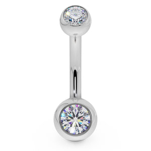 14k white gold double diamond belly ring with bezel-set stones, straight-on front view