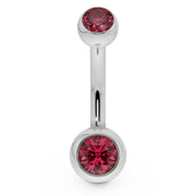 14k white gold double CZ belly button ring with red bezel-set stones, front view
