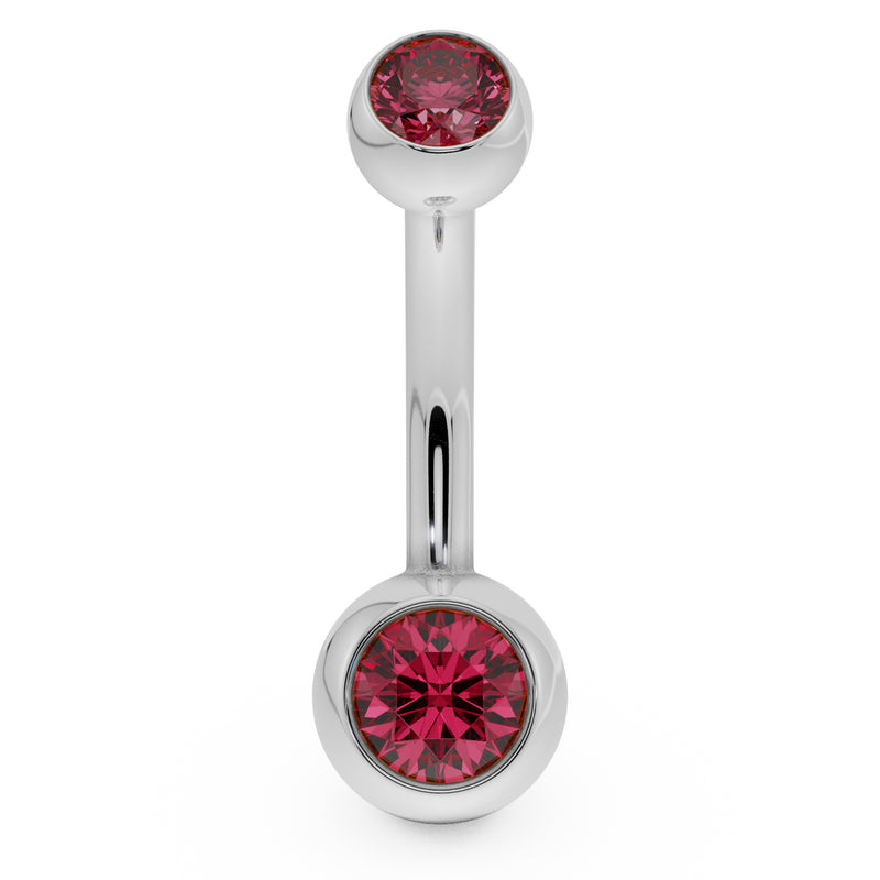 14k white gold double CZ belly button ring with red bezel-set stones, front view