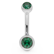 14k white gold double CZ belly button ring with green bezel-set stones, front view