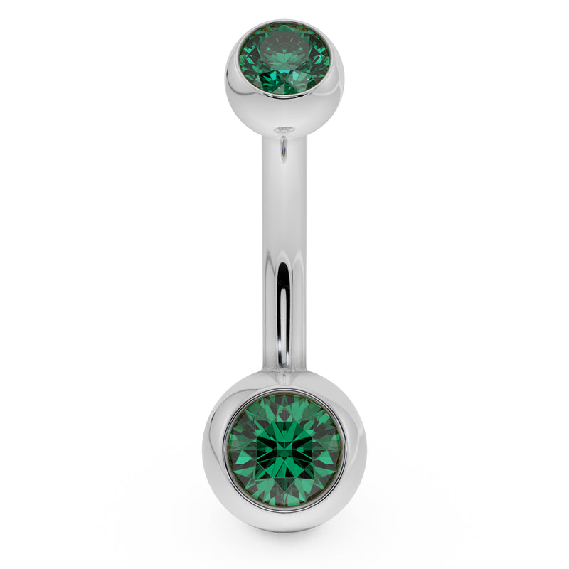 14k white gold double CZ belly button ring with green bezel-set stones, front view