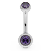 14k white gold double CZ belly button ring with purple bezel-set stones, front view