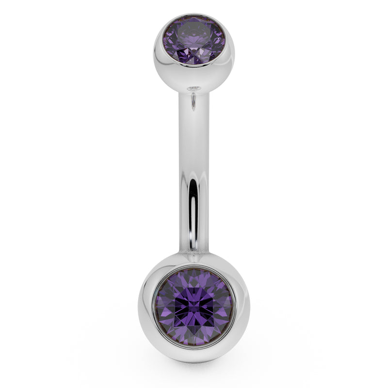 14k white gold double CZ belly button ring with purple bezel-set stones, front view