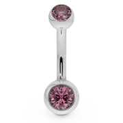 14k white gold double CZ belly ring with pink bezel-set stones, front view
