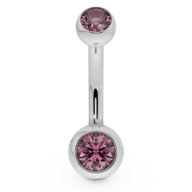 14k white gold double CZ belly ring with pink bezel-set stones, front view