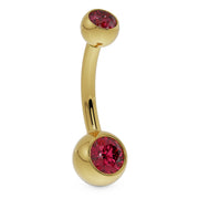14k yellow gold double red CZ navel ring, angled side profile showing barbell curve