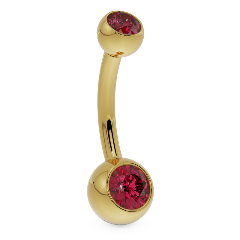 14k yellow gold double red CZ navel ring, angled side profile showing barbell curve