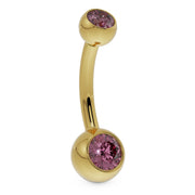 14k yellow gold double pink CZ belly button ring, angled side profile view