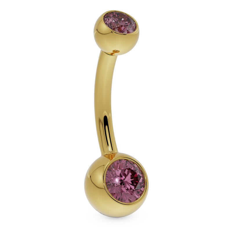 14k yellow gold double pink CZ belly button ring, angled side profile view